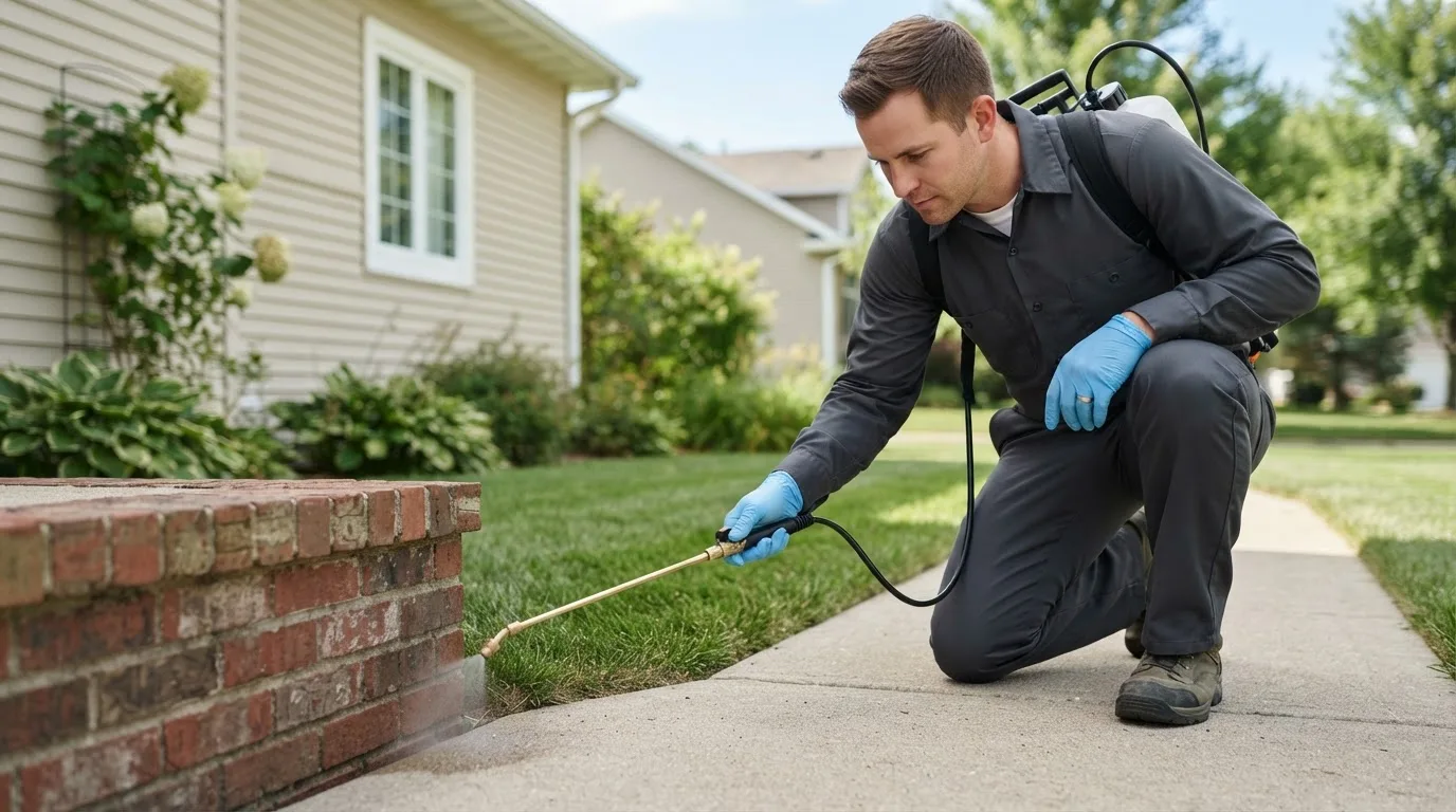 Pest control technician treating a home near Hancock, NH